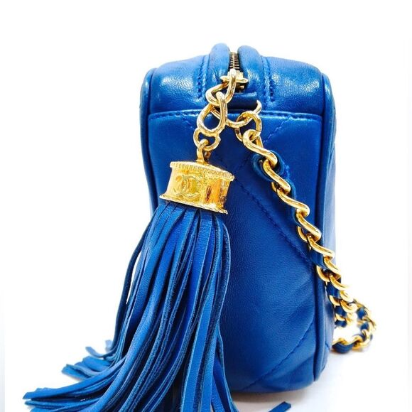 CHANEL Quilted Tassel CC Camera Bag Case Blue Lambskin Auth 1980s Crossbody - Picture 4 of 16